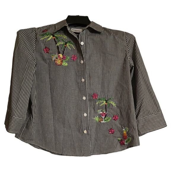 Breckenridge Petite Large Button Up Shirt Top Embroidered Palm Trees Pineapple - Picture 1 of 6